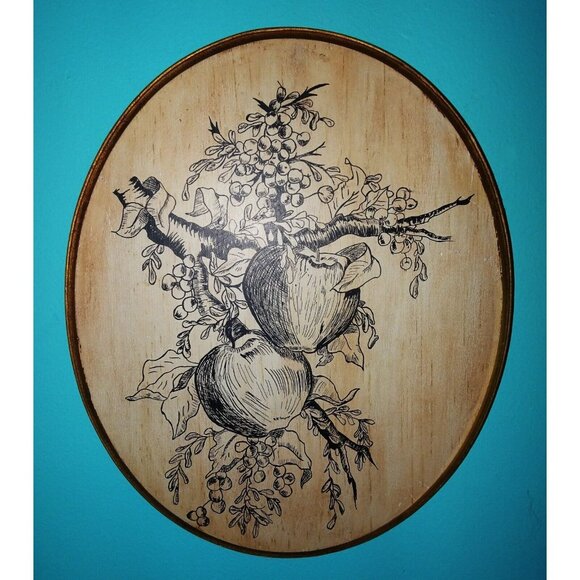 Vintage Hand Drawn Apples Berries & Leaves Wall Hanging on Wood farmhouse decor - Picture 4 of 10